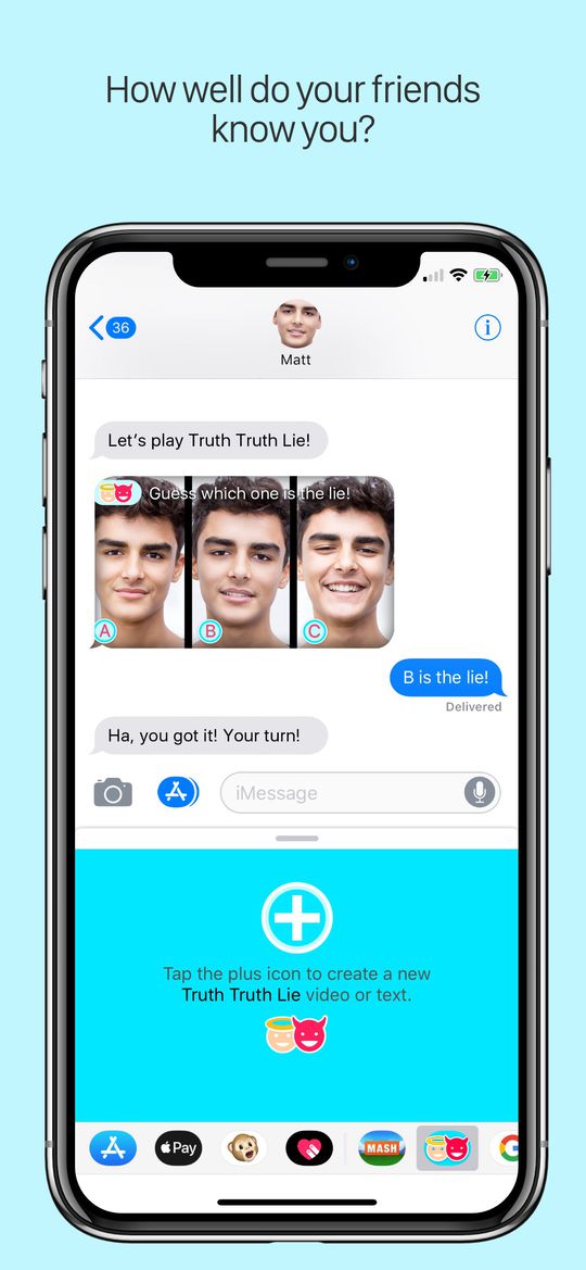 A Messages thread with a Truth Truth Lie video, a guess and the app drawer open