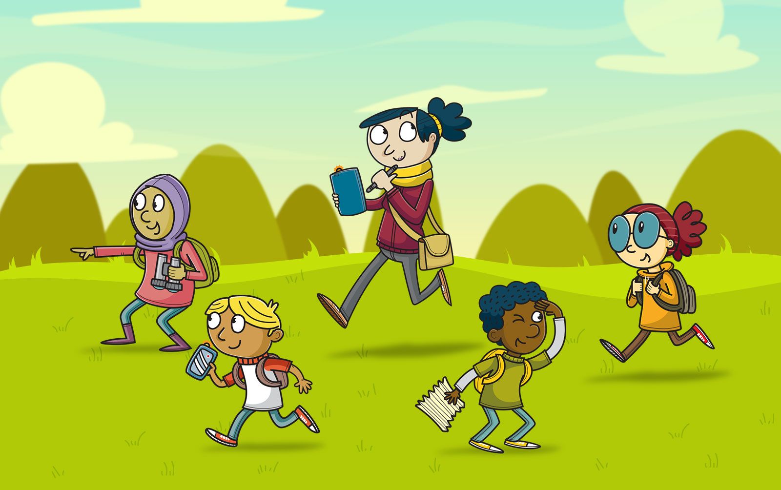 Illustration of a teacher leading four students across a grassy field. One points the way, one checks a phone, one shades his eyes to look ahead.
