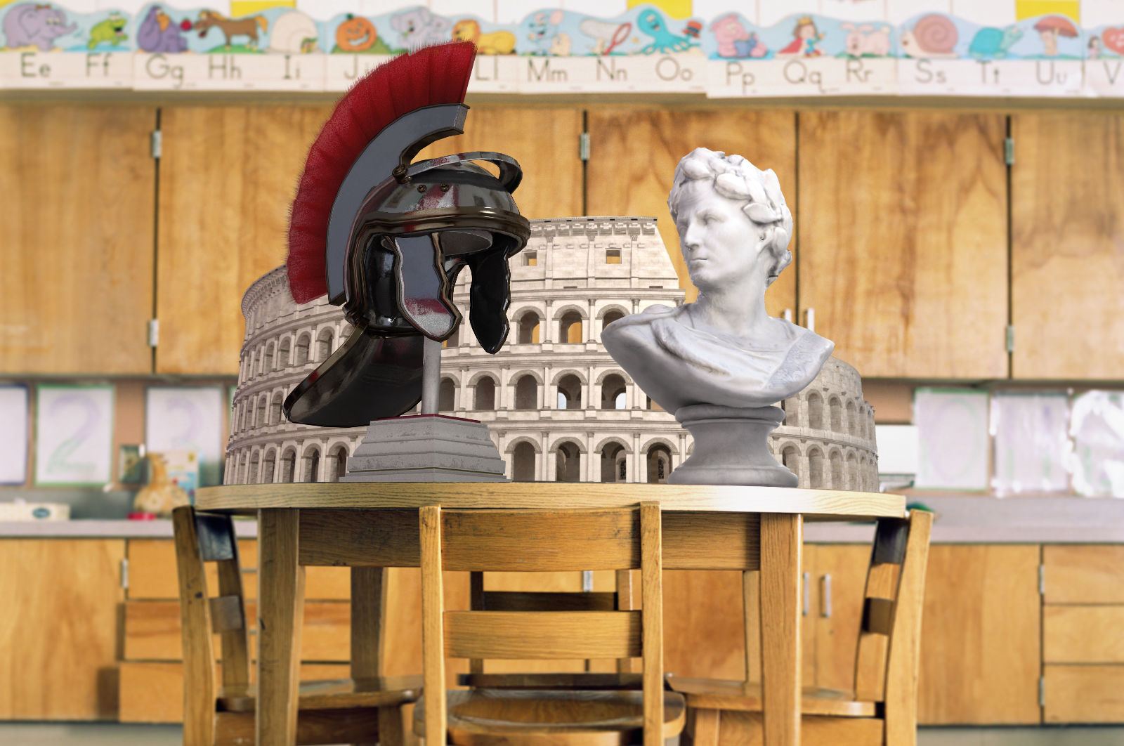 The Ancient Rome Hunt in augmented reality: a Roman helmet, the Colosseum and a bust of Julius Caesar on a classroom table