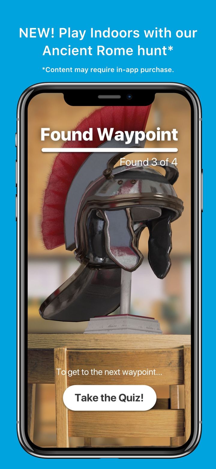 Found Waypoint 3 of 4: a Roman helmet in AR on a classroom table