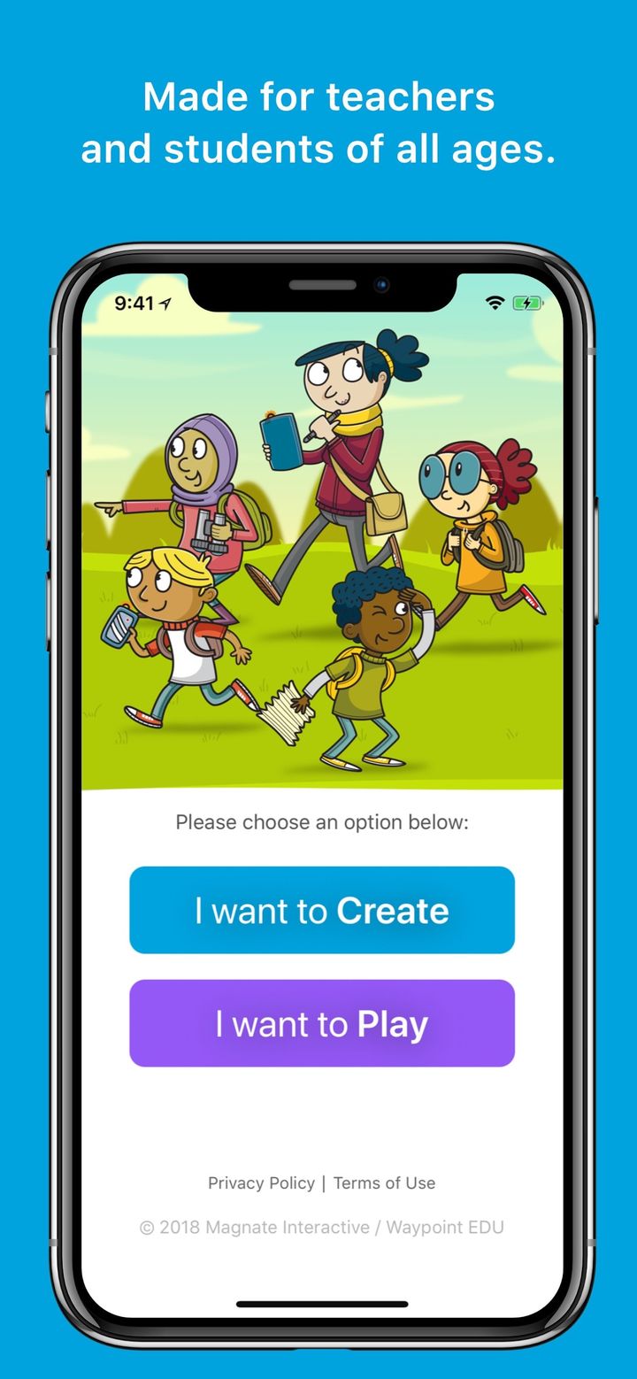 The start screen with two buttons: I want to Create and I want to Play