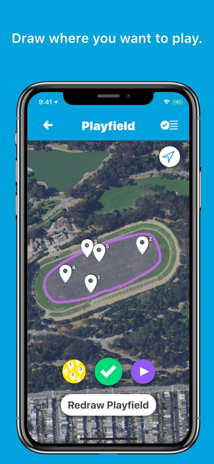 The Playfield screen, with five Waypoints inside a purple Playfield on a satellite map