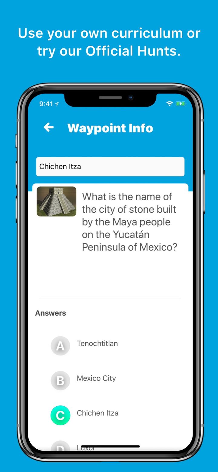 Waypoint Info screen with a quiz question about Chichen Itza and four answers